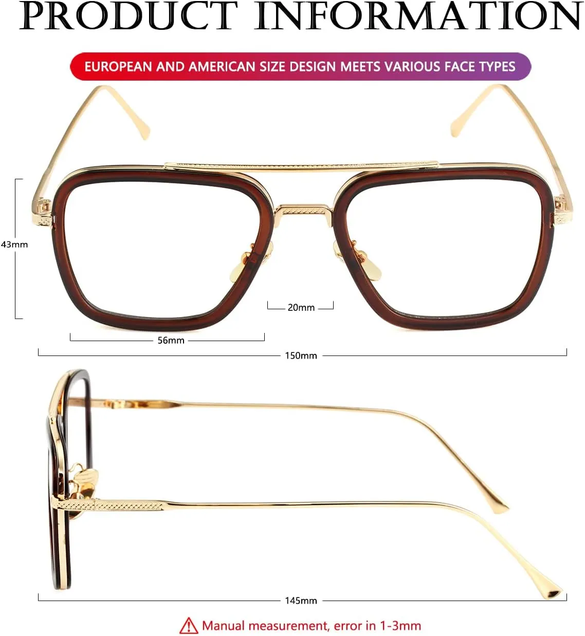 AIEYEZO Tony Stark Sunglasses Vintage Square Metal Frame Eyeglasses for Men Women - Iron Man and Edith Sun Glasses