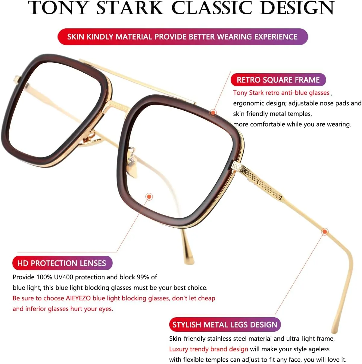 AIEYEZO Tony Stark Sunglasses Vintage Square Metal Frame Eyeglasses for Men Women - Iron Man and Edith Sun Glasses