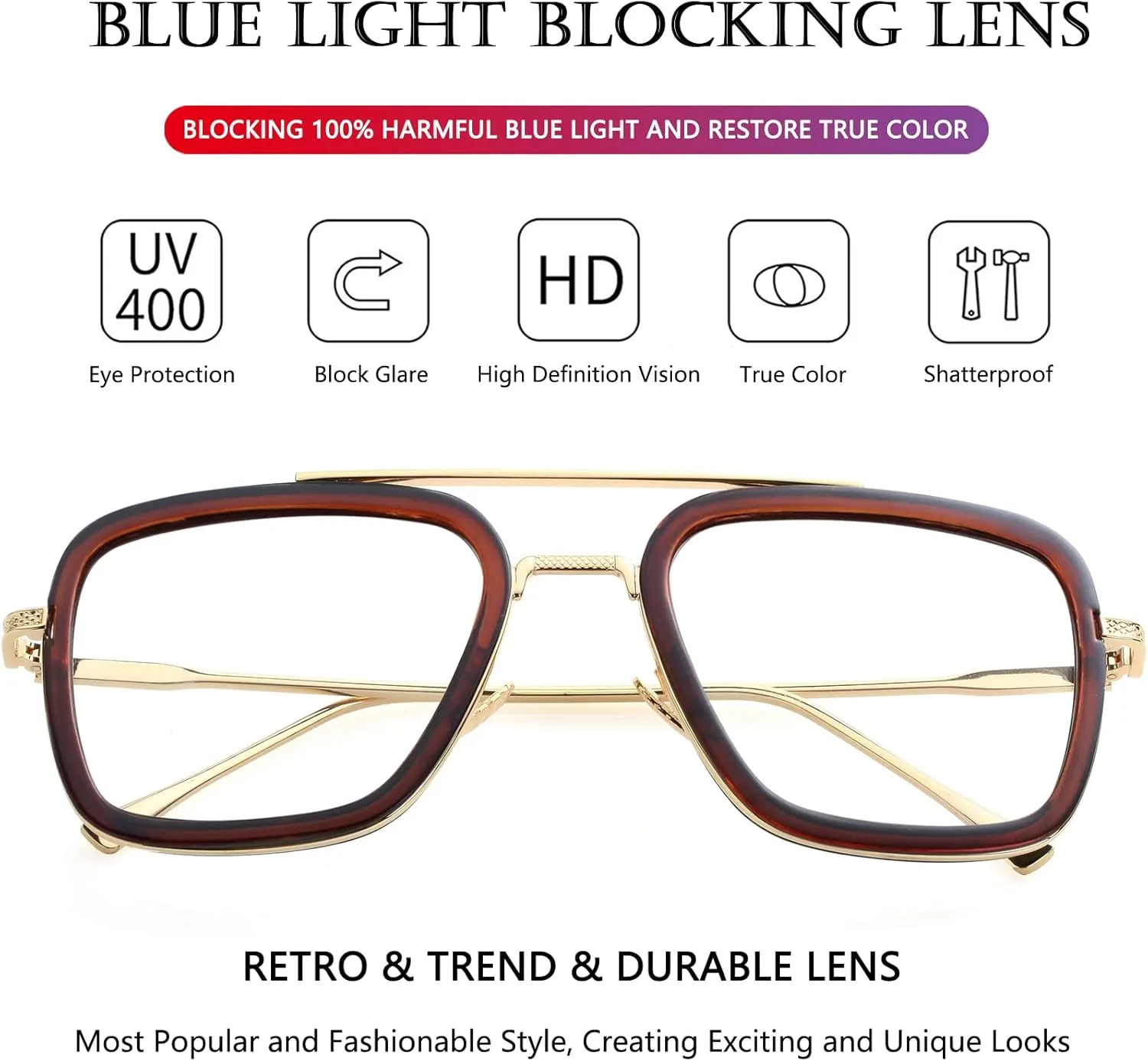 AIEYEZO Tony Stark Sunglasses Vintage Square Metal Frame Eyeglasses for Men Women - Iron Man and Edith Sun Glasses