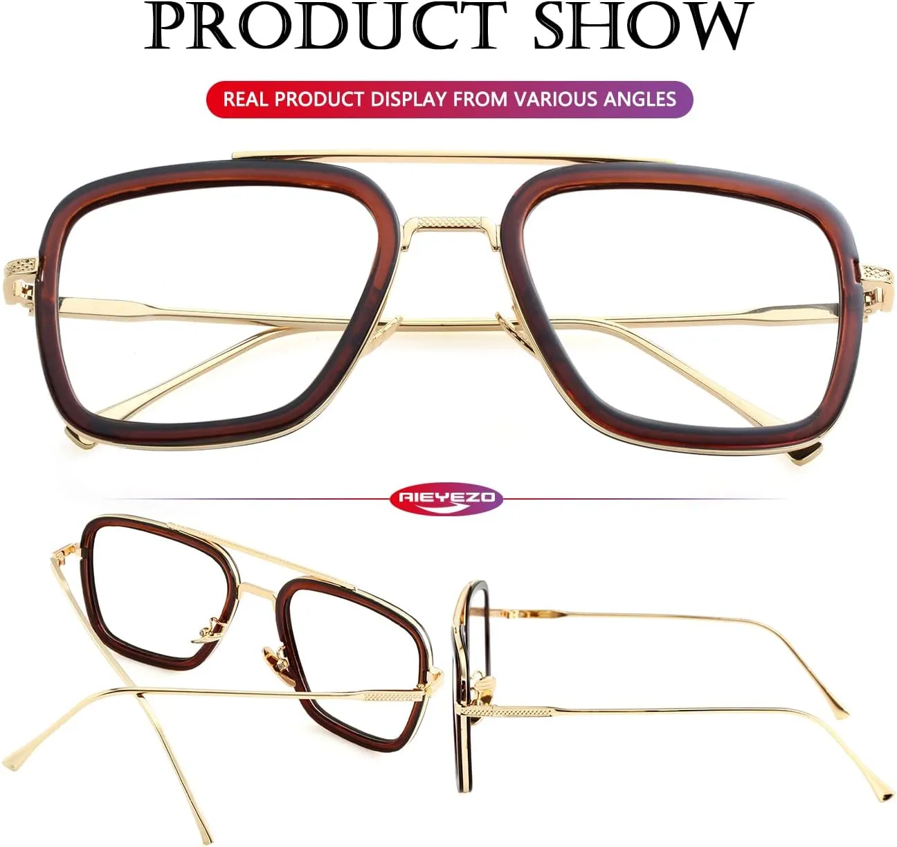 AIEYEZO Tony Stark Sunglasses Vintage Square Metal Frame Eyeglasses for Men Women - Iron Man and Edith Sun Glasses