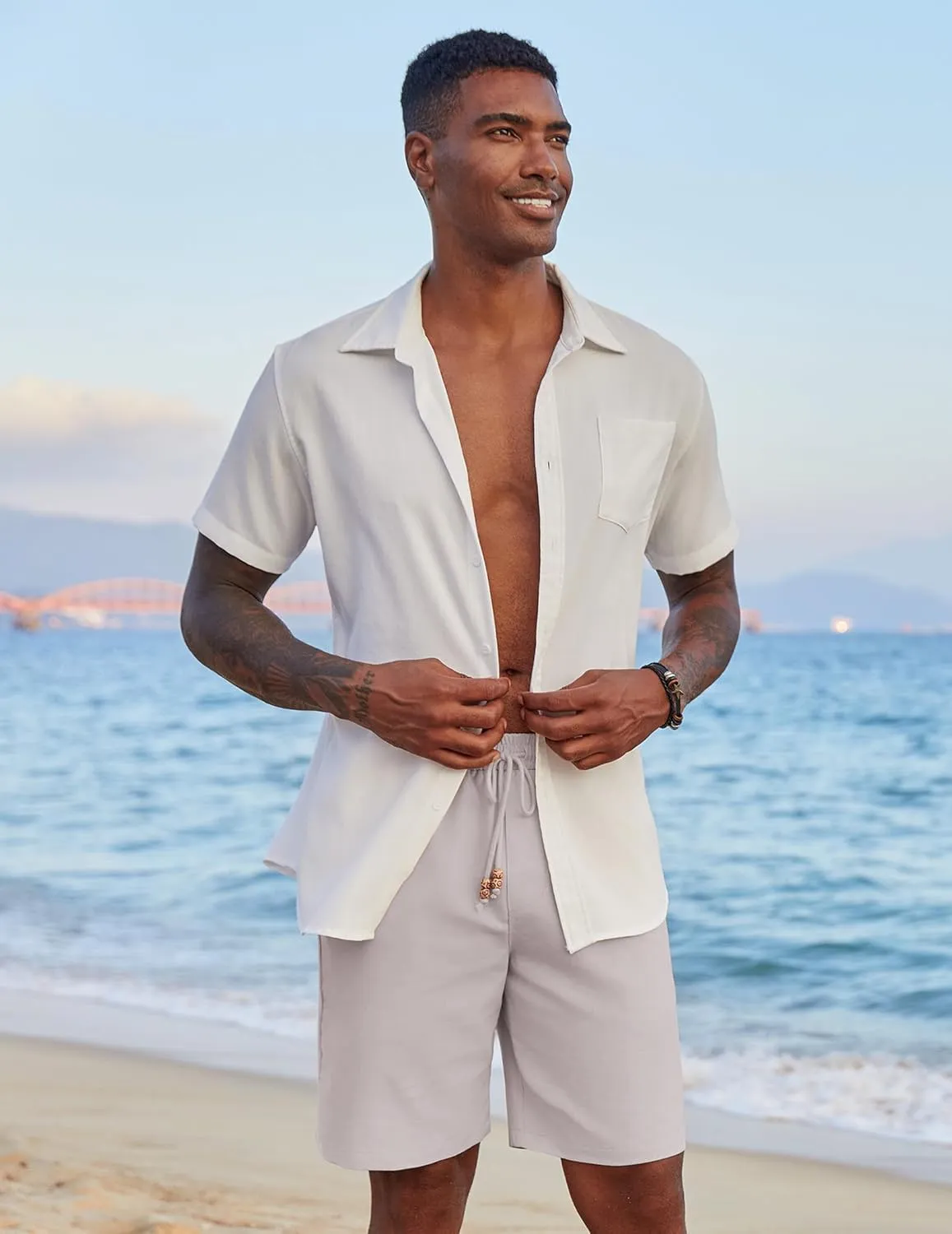 COOFANDY Mens Casual Linen Shorts Elastic Waist Drawstring Loose Fit Summer Beach Vacation Shorts with Pockets