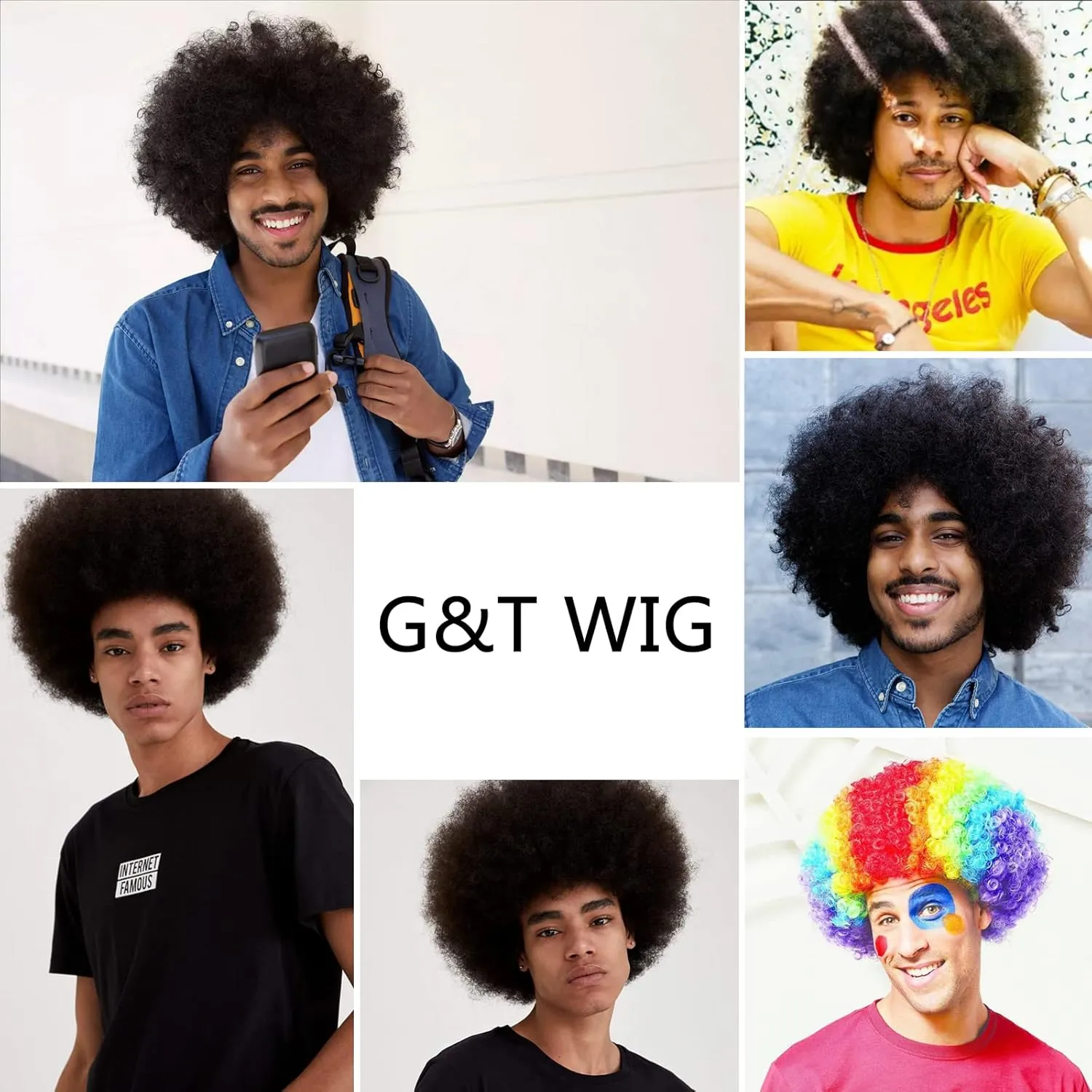 G&T Wig Grey Afro Wigs for Men Women Glueless Wear and Go Wig Curly afro 70s Disco Wig Fancy Funny Cosplay Christmas Party and Halloween Wigs. (Grey)