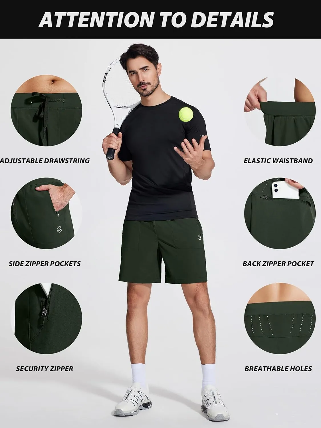Mens Athletic Workout Gym Shorts 7 Inch Inseam Running Sweat Sport Shorts for Men with Zipper Pockets