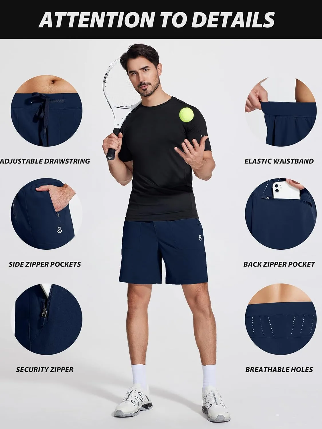 Mens Athletic Workout Gym Shorts 7 Inch Inseam Running Sweat Sport Shorts for Men with Zipper Pockets