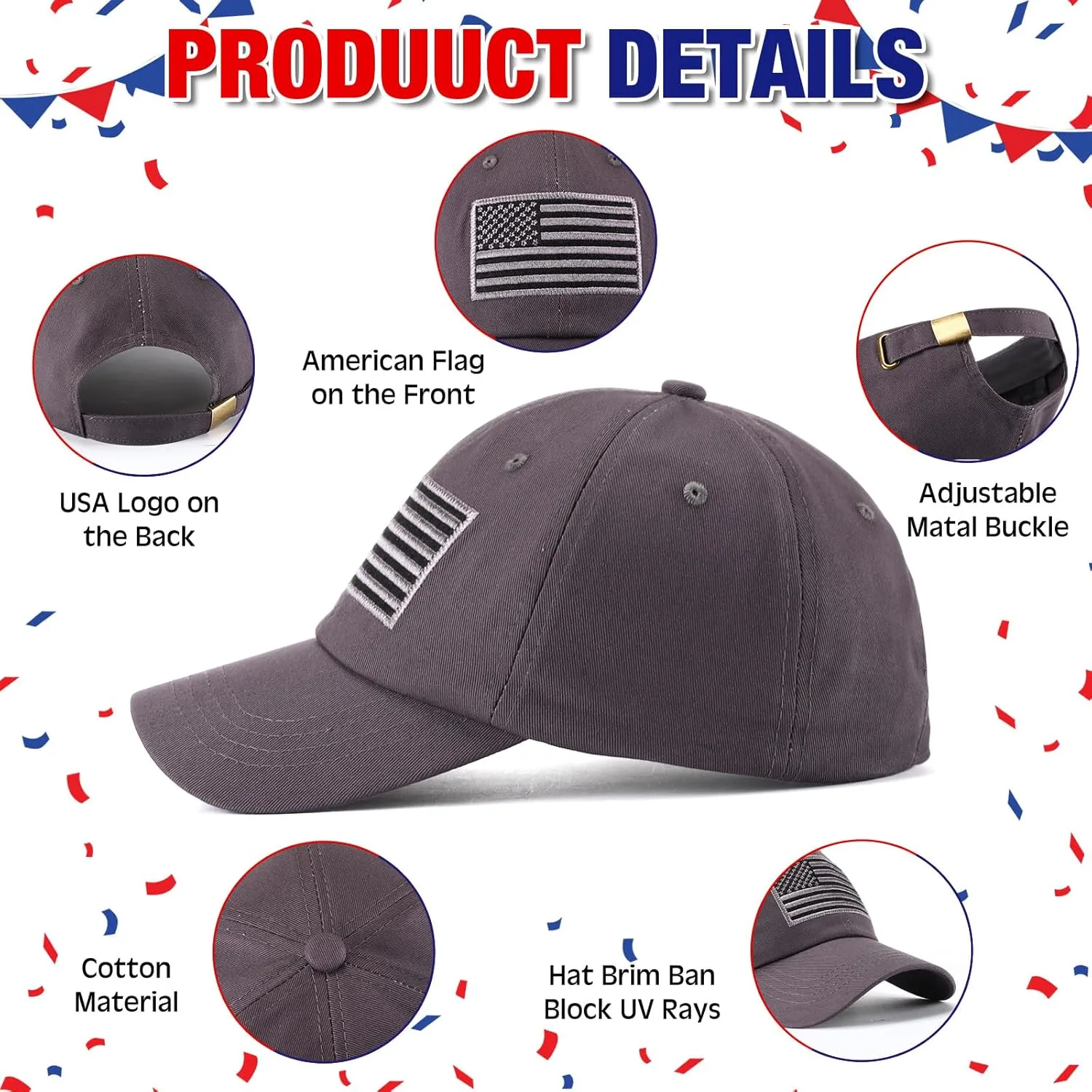 Tarpop 6 Pcs American Flag Baseball Cap Tactical USA Flag Hats Adjustable Washed Us Flag Cap for Men Women